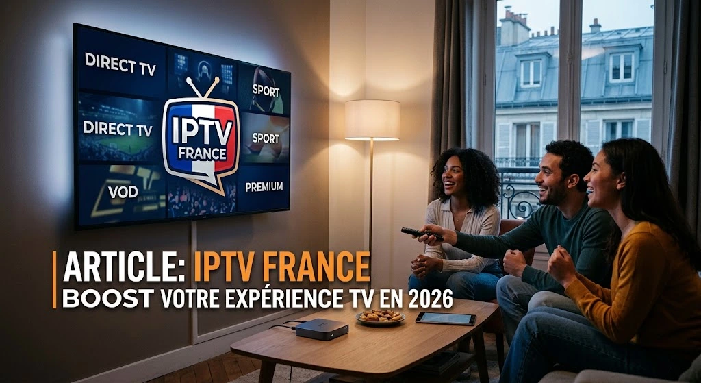 Interface d'un abonnement IPTV France premium affichant du contenu 4K, sport et VOD